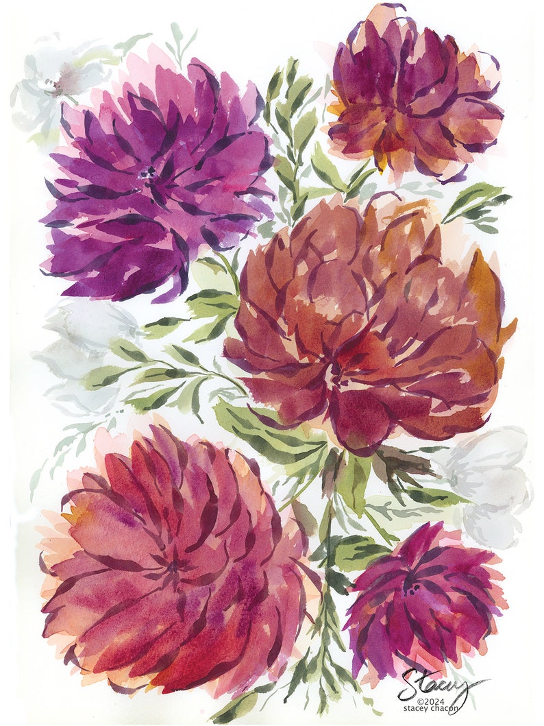 DAHLIAS 10x14 Original Loose Floral Watercolor Painting image 1