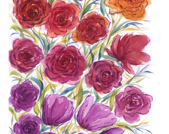 ROSES arc-en-ciel 14 x 20 - aquarelle florale en vrac originale