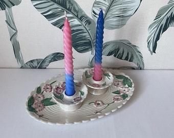 Vintage Floral Ceramic Candlestick Holders with Matching Platter- Lustre Glaze