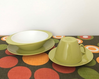 Set of Vintage Melaware Melamine Plate, Bowl, Cup & Saucer - Green and Cream