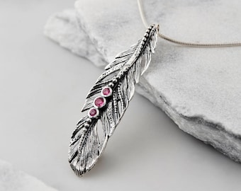 Silver Feather Necklace, Feather Pendant Necklace, Pink Tourmaline Necklace,
