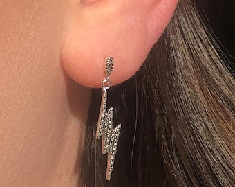 Sterling Silver Lightning Bolt Drop Earrings: Marcasite Studs