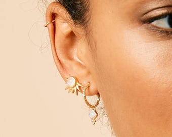 Rainbow Moonstone Studs: Gold Sunburst Earrings
