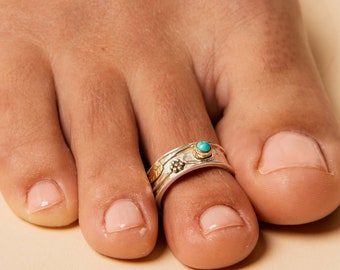 Sterling Silver Turquoise Toe Ring, Gemstone Toe Ring, Midi Ring, Adjustable Ring, Flower Ring, December Birthstone Ring, Handmade