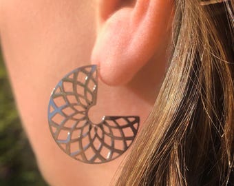 Sterling Silver Mandala Flower Earrings: Decorative Hoop Earrings