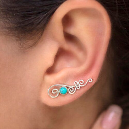 Silver Ear Climbers Turquoise Earrings Sterling Ear Cuffs Etsy UK