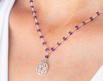 Amethyst Crown Chakra Necklace: Sterling Silver Lotus Pendant