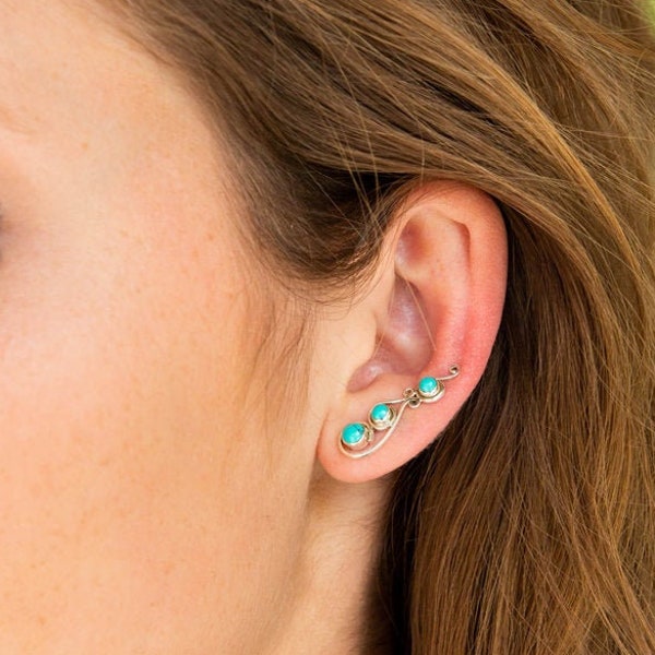 Contours d'oreilles turquoise, Contours d'oreilles en argent, Boucles d'oreilles insolites, Manchettes d'oreilles, Boucles d'oreilles turquoise, Manchettes d'oreilles turquoise, Boucles d'oreilles grimpeur JE230turq