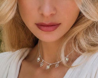 Sterling Silver Moroccan Charm Necklace: Opal October Birthstone
