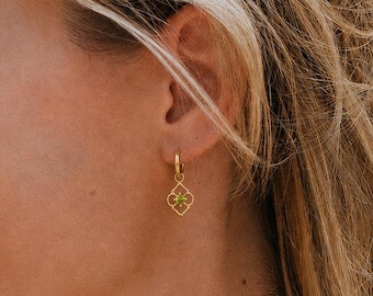 Gold Vermeil Moroccan Charm Huggie Hoop Earrings: Peridot