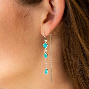 Sterling Silver Turquoise Threader Earrings, December Birthstone, Turquoise Gemstone Threaders, Handmade image 2
