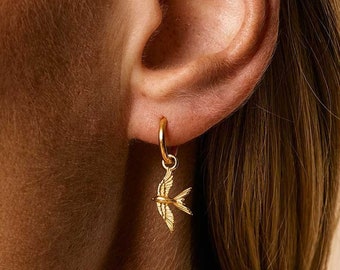 Gold Swallow Huggie Hoops: Gold Bird Earrings