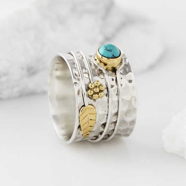 Turquoise Gemstone Ring, Chunky Silver Rings,Flower Ring, Turquoise Jewellery,Turquoise & Gold Ring,December Birthstone Ring,