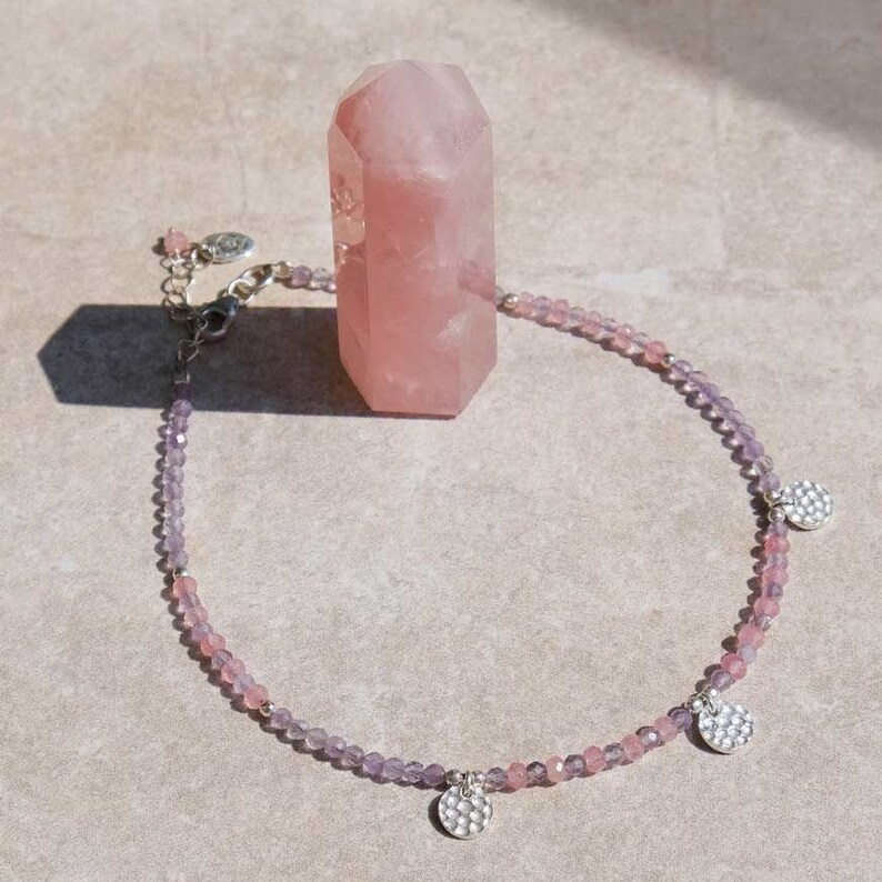Amethyst Anklet, beaded anklet, summer jewellery, beach jewellery, quartz anklet, ankle bracelet, Amethyst and Pink Quartz JB099 image 2