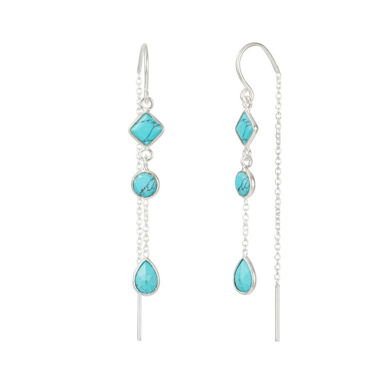 Sterling Silver Turquoise Threader Earrings, December Birthstone, Turquoise Gemstone Threaders, Handmade image 3