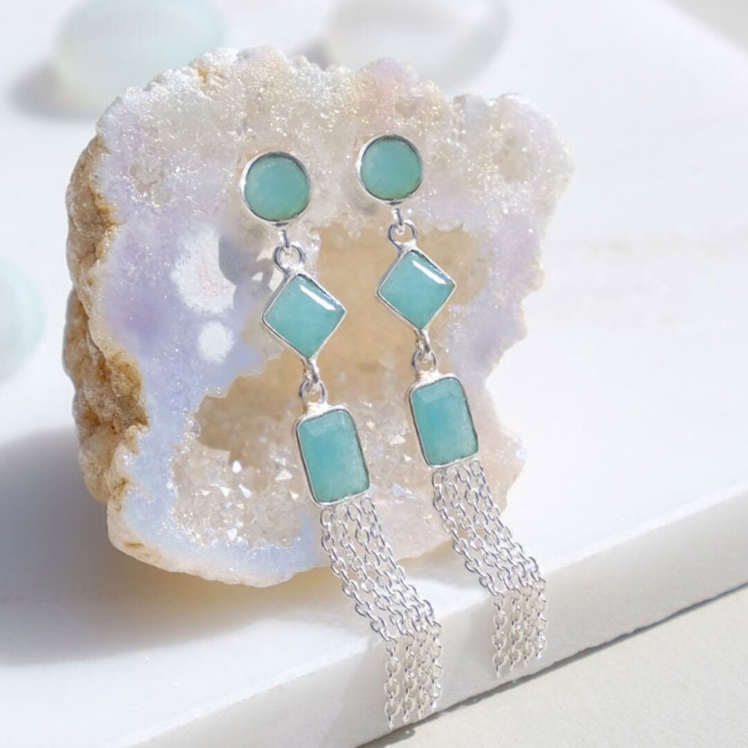 Orecchini Pendenti In Argento Sterling Con Amazzonite E Turchese Naturale - Confezione Regalo - 2