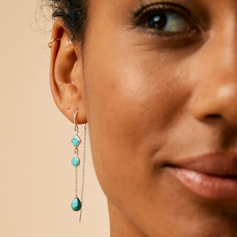 Sterling Silver Turquoise Threader Earrings, December Birthstone, Turquoise Gemstone Threaders, Handmade image 1