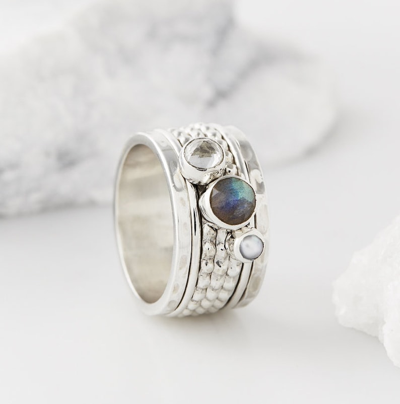 Gemstone Silver Spinning Ring Spinner ring spin ring fidget Etsy