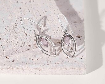 Sterling Silver Rose Quartz Drop Earrings: Hammered Infinity Jewellery