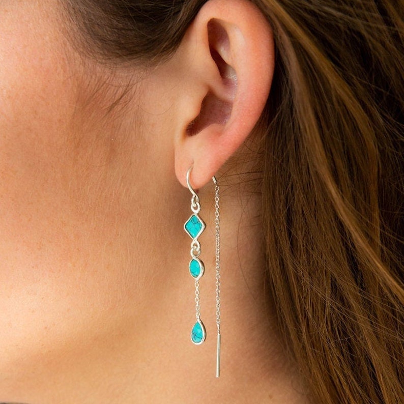 Sterling Silver Turquoise Threader Earrings, December Birthstone, Turquoise Gemstone Threaders, Handmade image 2