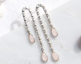 Rose Quartz Dangle Earrings, Handmade Silver Drop Earrings JE300