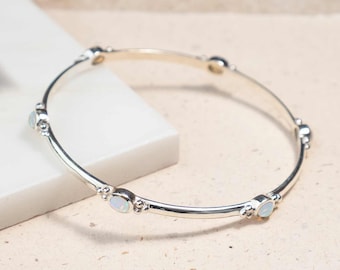 Handmade Sterling Silver Opal Bangle: October Birthstone Bracelet