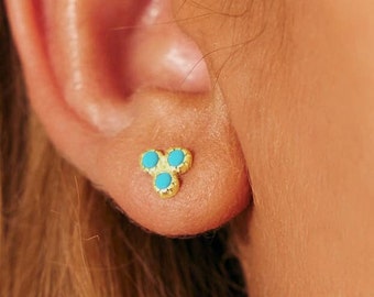 Turquoise Stud Earrings: Gold Triple Stone Design