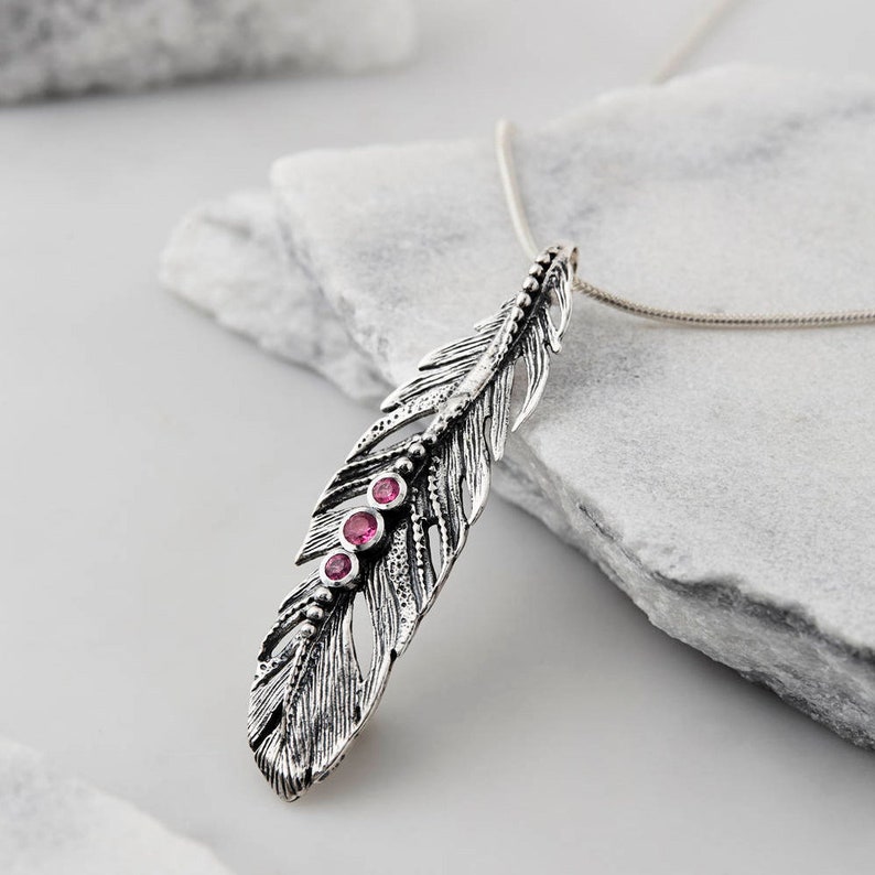 Silver Feather Necklace, Feather Pendant Necklace, Pink Tourmaline Necklace, Tourmaline 18" snake