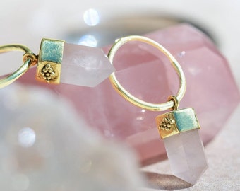 Open Heart Rose Quartz Hoop Earrings, Symbolic Earrings, Rose Quartz Earrings, Rose Quartz Hoops, Handmade Gold Earrings JE299