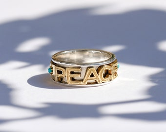 Peace Spinning Ring, Spinning Ring, Gold Ring, Mixed Metal Ring, Anxiety Ring, Fidget Ring, Turquoise Ring