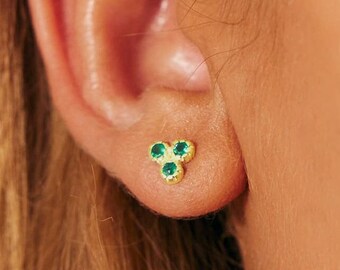 Green Onyx Gold Stud Earrings: Boho Triple Stone