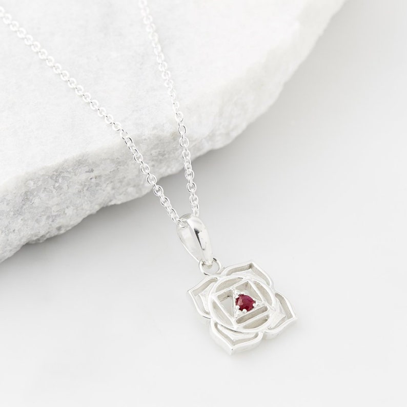 Ruby Chakra silver Necklace, July birthstone, Root chakra, Ruby Gemstone, Yoga jewellery,Spiritual jewellery,Chakra Pendant,Muladhara Chakra image 1