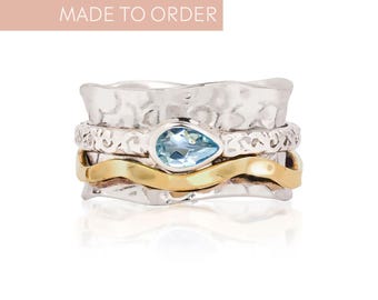 Personalized Gemstone Spinning Ring, Handmade Silver Fidget Jewelry