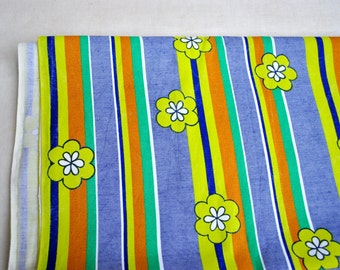Striped and floral polyester cotton blend fabric 2.42 yards Retro print material geen blue color Vintage Home decor fabric