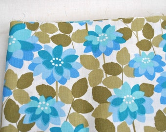 Vintage blue floral fabric 1.66 yards Garden Secret blue watercolor flowers 70s polyester cotton blend fabric