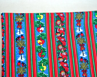 Vintage Christmas striped cotton fabric 57*21 inches gnomes hearts and bullfinches Germany Noel character