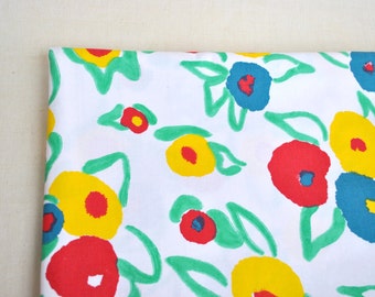 Vintage floral cotton fabric 3.19 yards white background yellow blue and red flowers nursery decor