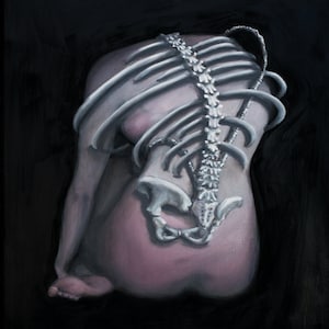 May include: A painting of a person's back with a skeletal rib cage and spine painted over the skin. The person is sitting with their back to the viewer.