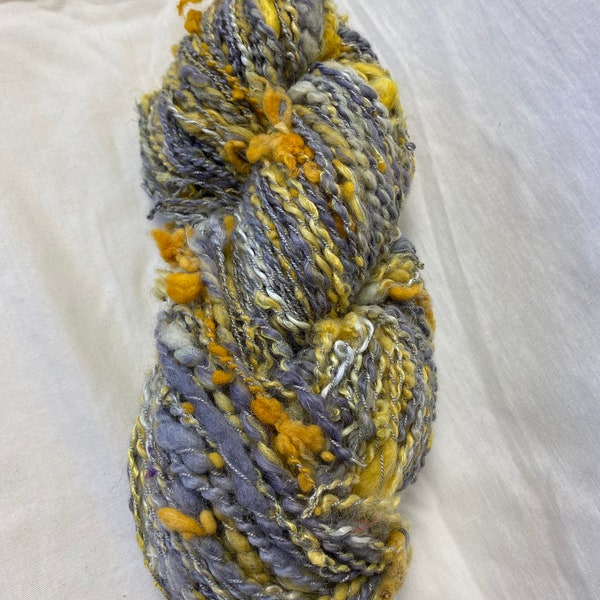 Handspun Art Yarn, Yellow, Gray, White | 154 yards, 100 grams