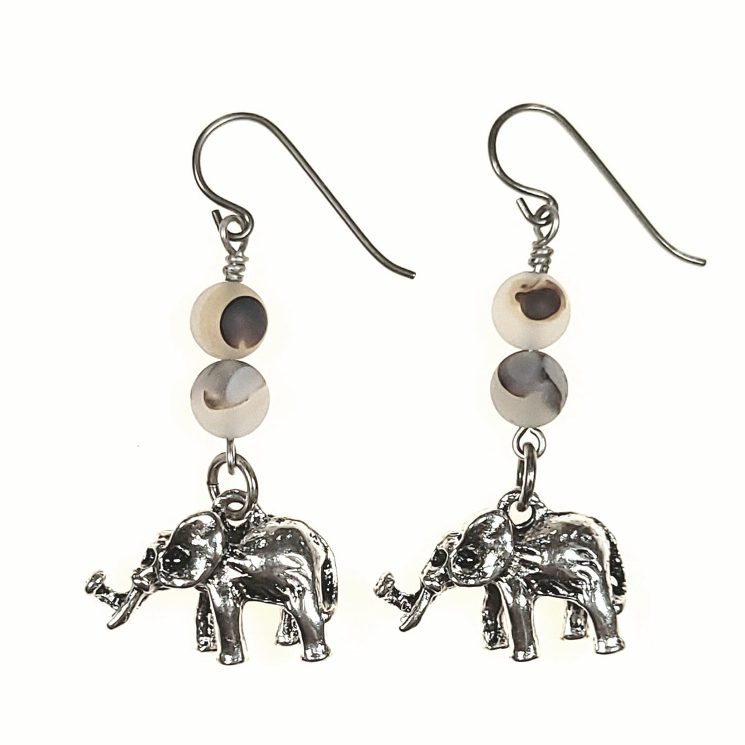 Silver Elephant Earrings Natural Agate Earrings Birthday Gift for Her