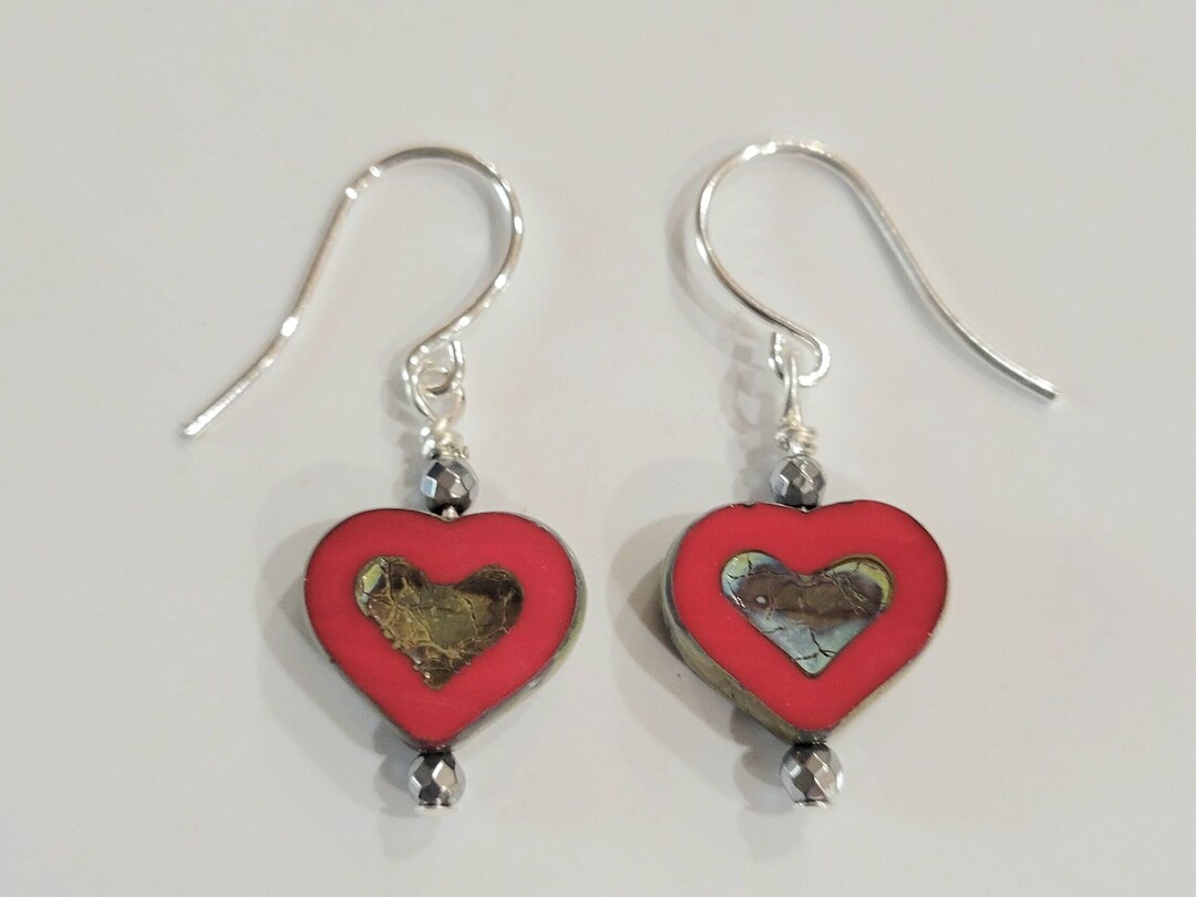 Red Heart Earrings Orange Heart Earrings Czech Glass Heart Silver