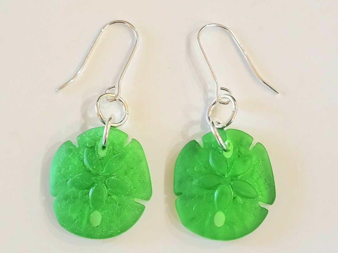 Green Sand Dollar Sea Glass Style Sterling Silver Earrings Sand Dollar