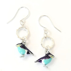 Bird Silver Earrings Purple Turquoise Enamel Bird Earrings Christmas Gift Birthday Gift Nature Jewelry Bird Hoop Earrings Gift for Her