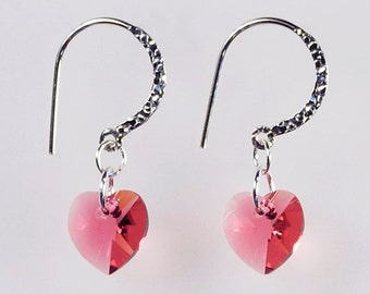 Rose Pink Crystal Heart Earrings Sterling Silver Earrings Birthday Gift for Her Gift for Mom Spring Jewelry Summer Jewelry