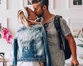 Engagement Gifts, Embroidered Jean Jacket, Bride Jean Jacket, Distressed Denim Jean Jacket, Embroidered Denim Jacket, Custom Denim Jacket