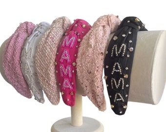 Mama Headband, Tweed Headband, Knotted Headband, Preppy Headband, Beaded Headband, Gift for Her, Mothers Day Gift, Gift for Mom