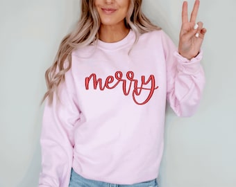 Embroidered 'Merry' Christmas Sweatshirt, Holiday Season