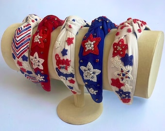 Americana, Fourth of July Headband, Festive Headbands, Beaded Headbands, Knotted Headbands, Memorial Day Headband, USA, Patriotic