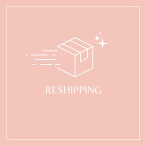May include: A white line drawing of a box with a star above it on a pink background. The box is moving to the right with a speed line behind it. The text "RESHIPPING" is below the box.