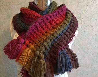 Handmade Shawl, Crochet Shawl, Wide Scarf, Autumn Colors, Rainbow Shawl, Boho Wrap, Super Scarf, Soft, Acrylic, Tassels